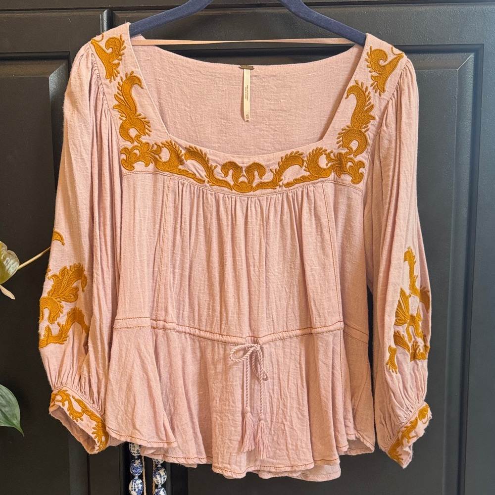 Free People Pink Blouse with Gold Embroidery